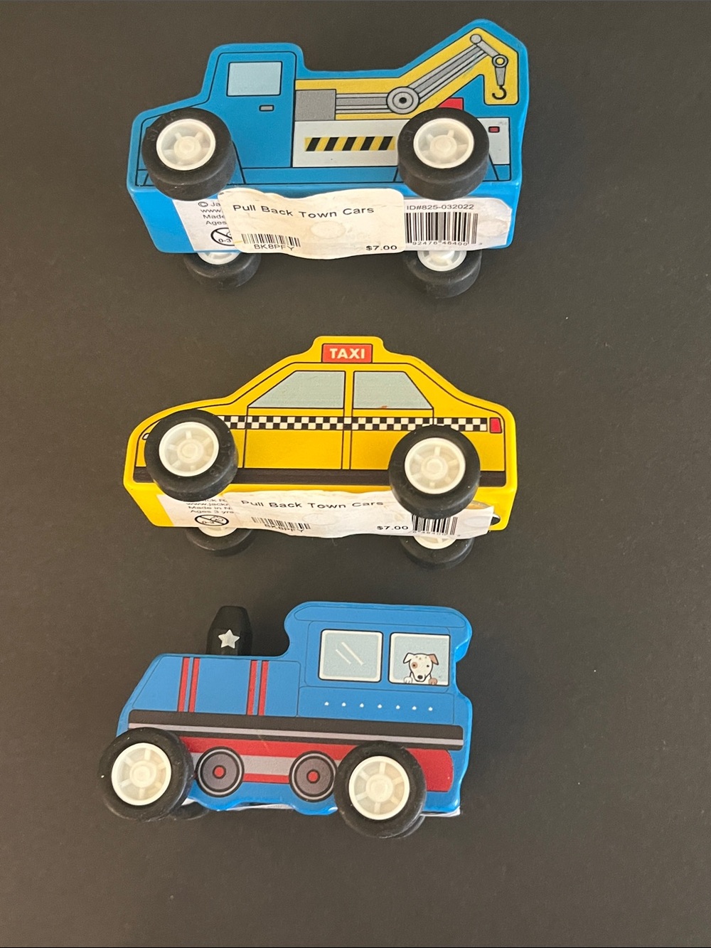Wooden Toy Vehicle Trio - Blue Tow Truck, Yellow Taxi & Blue Train Pull Back
